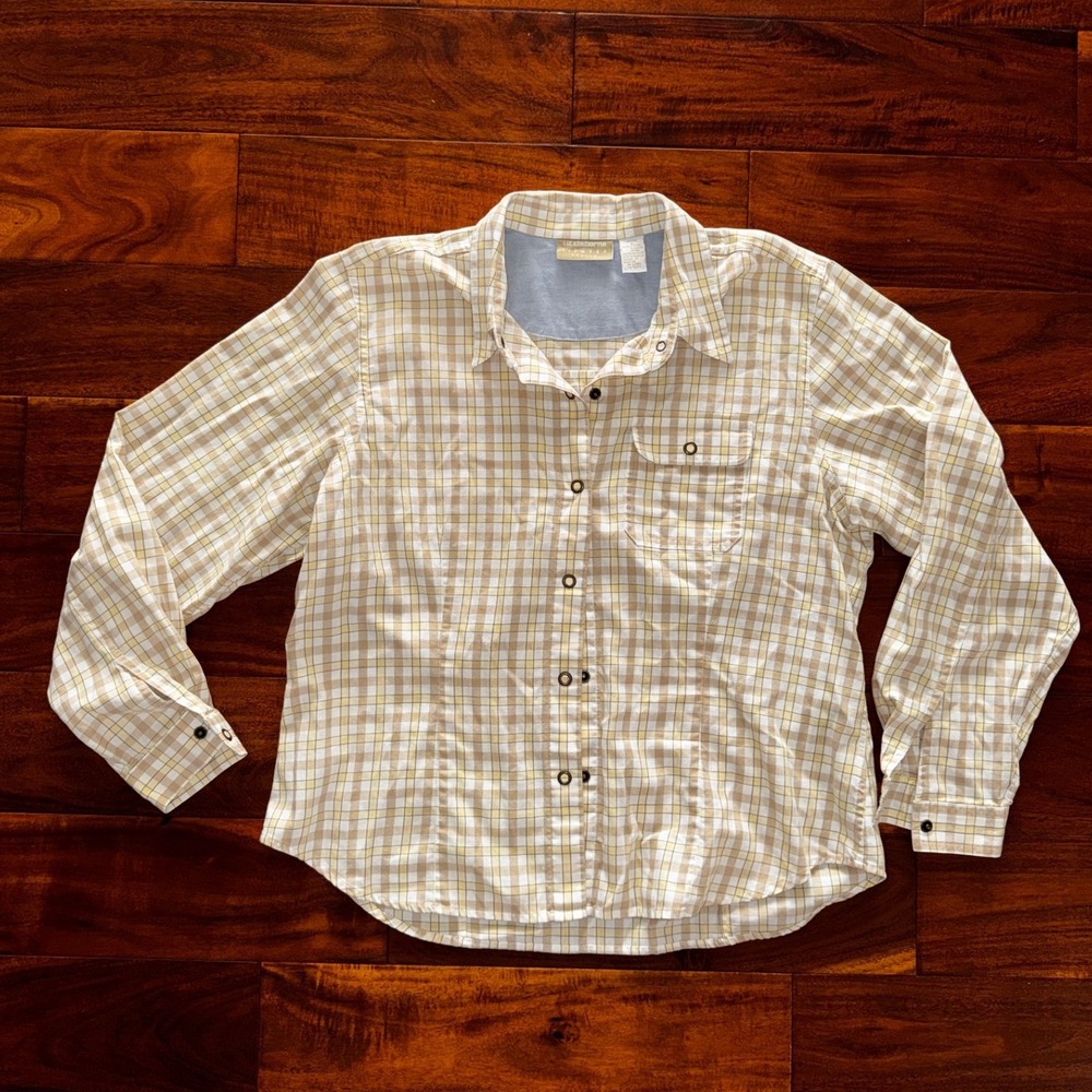 Liz Claiborne Lizwear Button Up Shirt Womens PL Tan Yellow Plaid Cotton‎